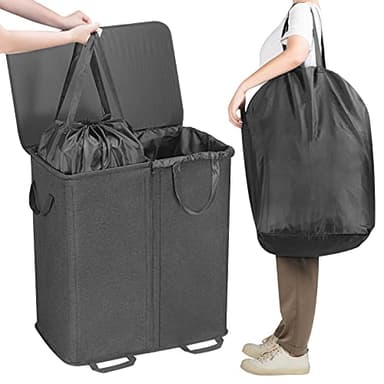 Lifewit Double Laundry Hamper with Lid and Removable Laundry Bags, Large Collapsible 2 Dividers Dirty Clothes Basket with Handles for Bedroom, Laundry Room, Closet, Bathroom, College, 136L Black - Image 4