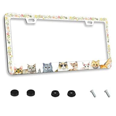 Personalized License Plate Frame Stainless Steel Cute Cat Flower Car License Plate Accessory Decorative 2 Holes and Screws Fits US Standard License Plates Size: 12.2 x 6.3 in - Image 1