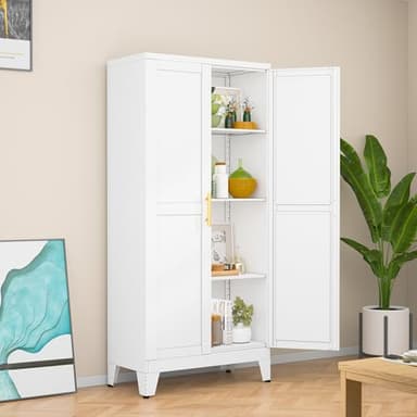 RISTERN White Metal Storage Cabinet, 48" Steel Cabinets for Home Office, Kitchen Pantry Storage Cabinet with Doors and 3 Adjustable Shelves, for Office, Home, Garage, School - Image 1