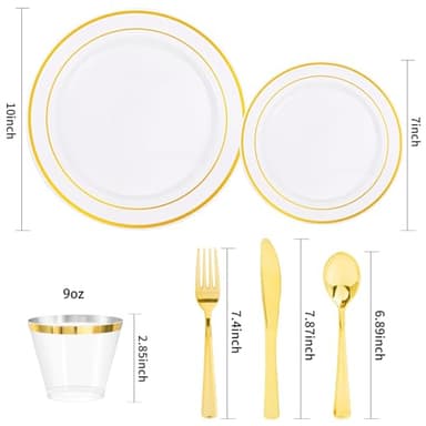 bUCLA 600Pcs Gold Dinnerware Set for 100 Guests - White and Gold Plastic Plates Disposable for party Include 100 Dinner & 100 Dessert Plates,100 Cups,100 Forks,100 Spoons,100 Knives - Image 2