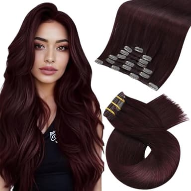 Moresoo Burgundy Clip in Hair Extensions Dark Red Hair Extensions Clip ins Straight for Women Double Weft Wine Red Remy Human Hair 16 inch 120g/7pcs - Image 1