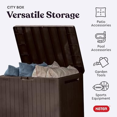Keter City 30 Gallon Resin Outdoor Storage Box and Patio Furniture Side Table for Pool and Garden Accessories, Brown - Image 4