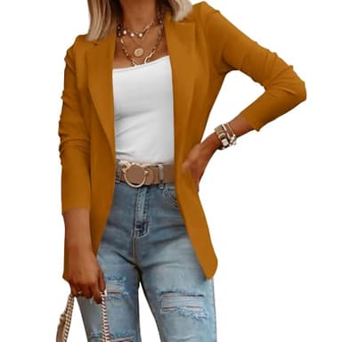 Womens Casual Long Sleeve Blazers Solid Color Knit Blazer Work Office Open Front Suit Jackets Brown - Image 2