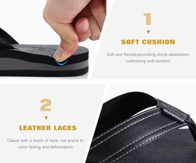 KuaiLu Men's Leather Flip Flops Arch Support Summer Beach Pool Water Thong Sandals Waterproof Rubber Walking Shoes Slip on Orthotic Casual Sport Cushioned Wide Slides Shower Slippers Black Size 14 - Image 5