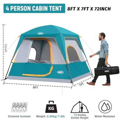 UNP 4-Person Tent, Portable Cabin Tent, Camping Tent 4-Person Easy Set Up, Waterproof with Top Rainfly for Outdoor Camping/Hiking (Ocean Blue) - Image 2