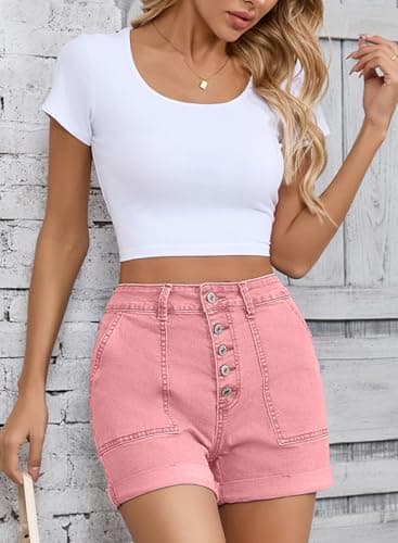 Sidefeel Womens Shorts Casual High Waisted Stretchy Buttoned Folded Hem Jean Shorts Pink Size 8 - Image 5