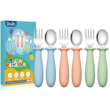 DRKIO 6 Pieces Toddler Utensils Set - Kids Silverware Set with Silicone Handle Children Safe 18/8 Stainless Steel Forks and Spoons Anti-Choke Design Food Grade Dishwasher Safe - Image 1