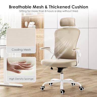 Farini Ergonomic Office Chair, Home Office Desk Chair with Headrest, High Back Computer Chair with Armrests and Adjustable Lumbar Support for Home Office Study Room, White & Khaki - Image 6