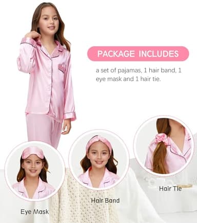 ALHAVONE Kids Girl Pajama Set with Headband Blindfold Hair Tie Toddler Boy Girl Satin Silky Button-up Pajama Sleepwear (Pink-long, 150) - Image 5