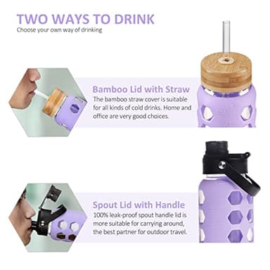 MUKOKO 32oz Glass Water Bottles with 2 Lids-Handle Spout Lid&Bamboo Straw Lid, Motivational Water Tumbler with Time Marker Reminder and Silicone Sleeve, Leakproof-Purple-1 Pack - Image 3