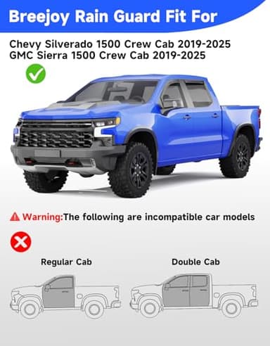 Breejoy in-Channel Rain Guards Fit for Truck Chevy Silverado 1500/GMC Sierra 1500 2019-2025 Crew Cab Window Rain Guards Visors Vent Visors Window Deflector Vent Shades Car Accessories -4 pcs - Image 3