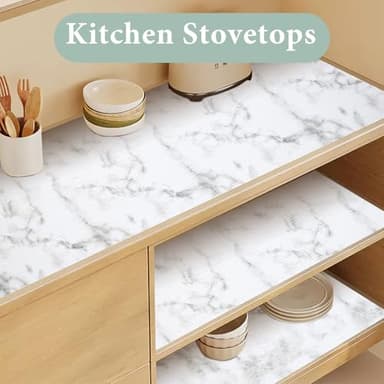 Drawer and Shelf Liner for Kitchen Cabinet: 23.6 in X 20 Ft Non Slip Waterproof Shelf Paper Non Adhesive Refrigerator Liners White Marble Easy Liners for Bathroom with Knife Tape Measure - Image 6