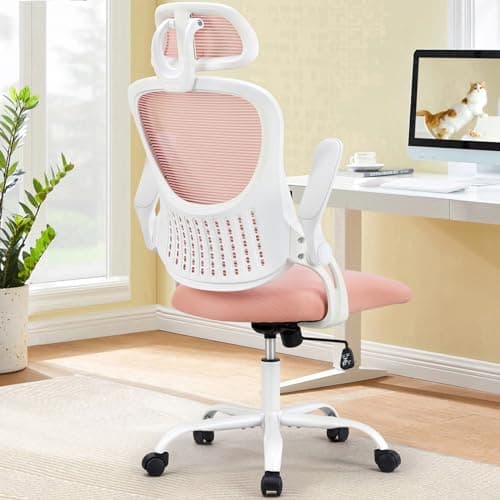 Sweetcrispy Office Computer Desk Chair, Ergonomic High-Back Mesh Rolling Work Chairs with Wheels and Adjustable Headrests, Comfortable Lumbar Support, Comfy Flip-up Arms for Home,Bedroom,Study, Pink - Image 1