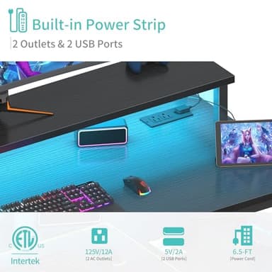 Lufeiya Black Gaming Desk with LED Lights and Power Outlets, 40 Inch Teen Writing Study Table Home Office Desks with Monitor Stand, Computer Desk with Charging Station USB Port, Black - Image 6