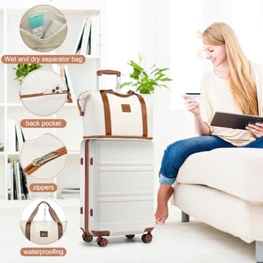 Kono Luggage Set 4 Piece Carry On Hardside Luggage with TSA Lock Spinner Wheels Carry On Suitcase Apricot Black - Image 5