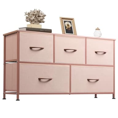 WLIVE Dresser for Bedroom with 5 Drawers, Wide Chest of Drawers, Fabric Dresser, Storage Organization Unit with Fabric Bins for Closet, Living Room, Hallway, Pink and Rose Gold - Image 1