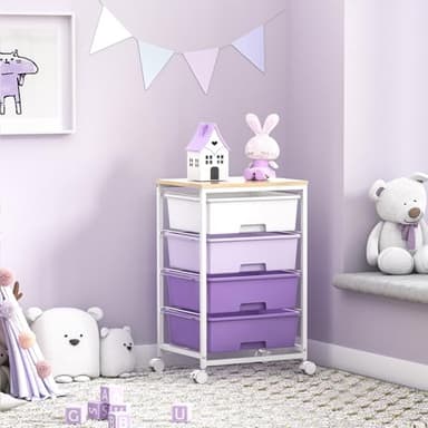Utility Cart with 4 Drawers,Rolling Storage Cart with Drawers,Storage Rolling Drawer Cart with Wooden Tabletop for Bedroom,Kid's Room,Dorm,Classroom,Office, Purple - Image 7