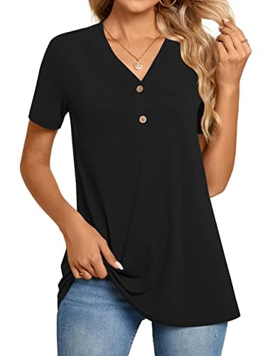 BISHUIGE Womens Henley Tunic Tops Button Up Tshirts Short Sleeve Vneck Casual Blouses, XXL, Black - Image 1