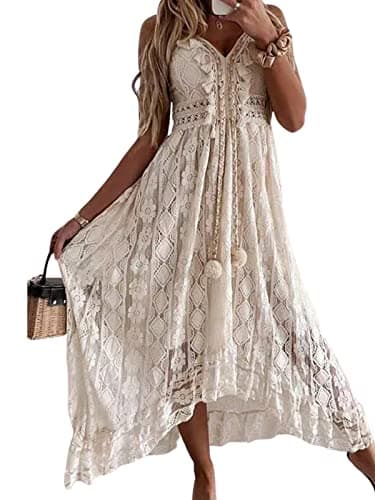 CUPSHE Women's Summer Dresses Sleeveless Lace Casual Tassel Beach Spaghetti Straps Flowy Maxi Sun Dress Beige, XXL - Image 1