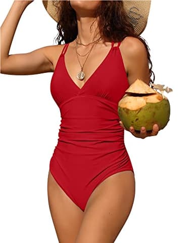 Charmo Tummy Control One Piece Swimsuits for Women Ruched Bathing Suits Padded High Cut Monokini Red X-Large - Image 1