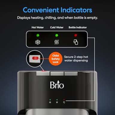 Brio Bottom Loading Water Cooler Dispenser for 5 Gallon Bottles - 3 Temperatures with Hot, Room & Cold Spouts, Child Safety Lock, LED Display with Empty Bottle Alert, Stainless Steel - Image 8