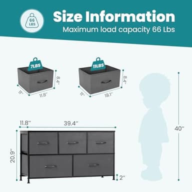 OLIXIS Dresser for Bedroom with 5 Drawers, Wide Chest of Drawers, Fabric Bedroom Dresser with Drawer Organizers, Storage Organizer Unit with Fabric Bins for Closet, Living Room, Hallway, Grey - Image 3