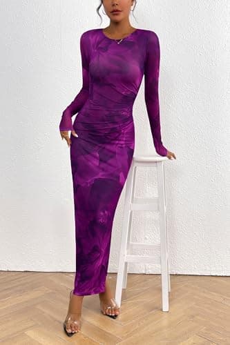 PRETTYGARDEN Women's Bodycon Maxi Dress Fall Spring Fashion Long Sleeve Floral Print Tight Fitted Party Club Ruched Dresses (Print Purple,Small) - Image 3