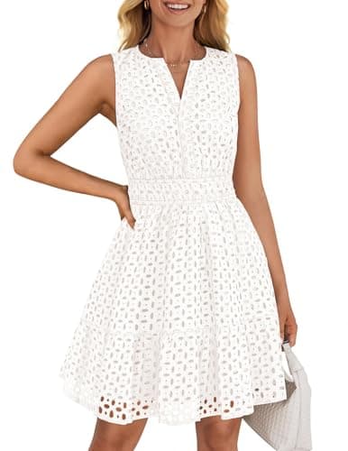 ZESICA Women's Summer Sleeveless Mini Dress V Neck Hollow Out Eyelet High Waist A Line Swing Short Party Dresses,White,Medium - Image 1