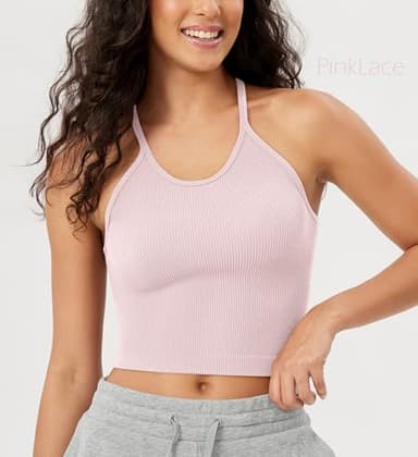 ODODOS Women's Crop Camisole 3-Pack Seamless Rib-Knit Crop Tank Tops, Long Crop, Pink Lace Violet Iceberg, Medium/Large - Image 2