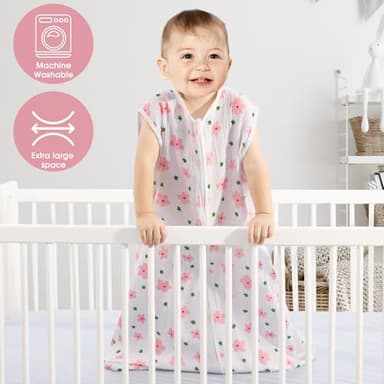 BSTOPPT 2 Pack Baby Sleep Sack 0-6 Months 100% Cotton Muslin Baby Sleeping Bag 2-Way Zipper Wearable Blankets (Flower & Cherry, Small) - Image 2