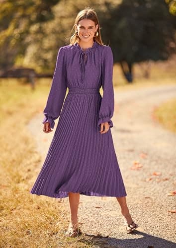 PRETTYGARDEN Women's 2025 Spring Fall Midi Dress Casual Long Sleeve V Neck Swiss Dot Pleated A Line Flowy Dresses (Dark Purple,Large) - Image 8
