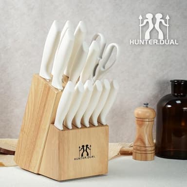 Knife Set, HUNTER.DUAL 15 Pcs Kitchen Knife Set with Block Self Sharpening, Dishwasher Safe, Anti-slip Handle (Beige) - Image 7