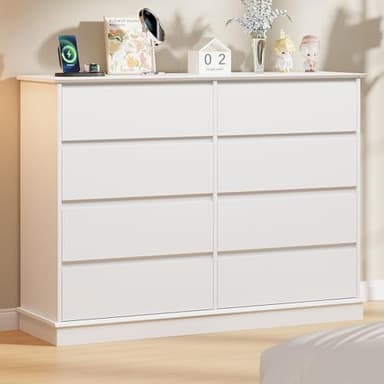 8 Drawer Dressers for Bedroom, Chest of Drawers with Deep Drawers, Large Double Dresser for Closet with Wide Top, Horizontal Wooden Dresser for Living Room, Hallway, Kids Room, White - Image 1