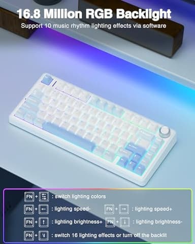 AULA F75 75% Wireless Mechanical Keyboard, Hot Swappable Creamy Keyboard, Pre-lubed Greywood Switches RGB Backlit Gaming Keyboards, 2.4GHz/Type-C/BT5.0(Salt White Blue) - Image 4