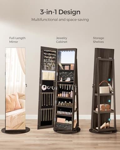 SONGMICS 6 LEDs Lockable Mirror Jewelry Cabinet, 360° Swivel Jewelry Organizer Armoire Standing, Frameless Full-Length Mirror, 3 Storage Shelves, Ash Brown Surface, Black Lining UJJC007K02 - Image 4