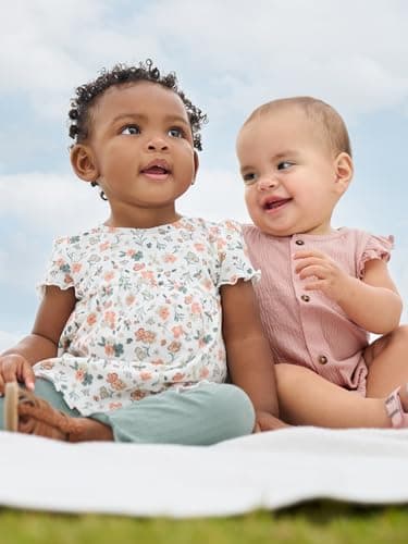 Simple Joys by Carter's Baby Girls' Sleeveless Rompers, Pack of 2, Peach/White Floral, 3-6 Months - Image 6