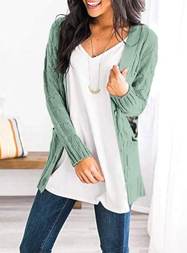 PRETTYGARDEN Women's Open Front Cardigan Sweaters Fall Fashion Button Down Cable Knit Chunky Winter Clothing Outerwear Coats (Green,Medium) - Image 3
