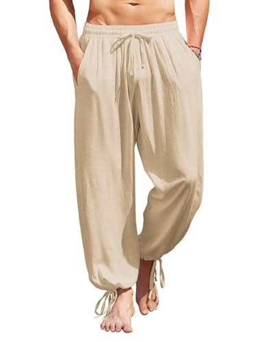 COOFANDY Men's Cotton Linen Pants Casual Harem Pants Elastic Waist Beach Boho Yoga Trousers Light Khaki - Image 1