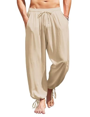 COOFANDY Men's Cotton Linen Pants Casual Harem Pants Elastic Waist Beach Boho Yoga Trousers Light Khaki - Image 1