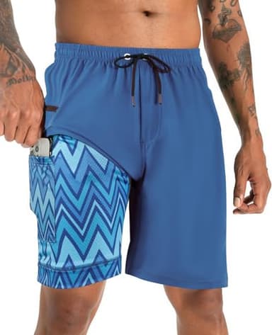 APTRO 2 in 1 Men's Swim Trunks 9" with Zipper Pockets Bathing Suit Built-in Board Shorts Swimwear Long Shorts Blue 2X - Image 1