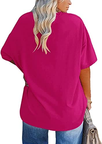 Women's Plus Size V Neck T Shirts Summer Half Sleeve Tees Casual Loose Fit Cotton Tunic Tops Rose Red - Image 2