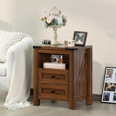 Joaxswe Nightstands Set of 2 with Charging Station, Farmhouse Side End Table with 2 Drawers and Open Shelf, Wood Rustic Sofa Table, Bedside Cabinet for Bedroom, Living Room, Closet, Office(Brown) - Image 4