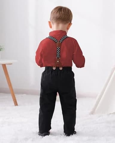 DISAUR Boys Wedding Guest Outfit Short Sleeve White Flower Dress Shirt Bow Tie Suspender White Plaid Pants Back To School Gentleman Clothing 5t 5-6 Years - Image 4