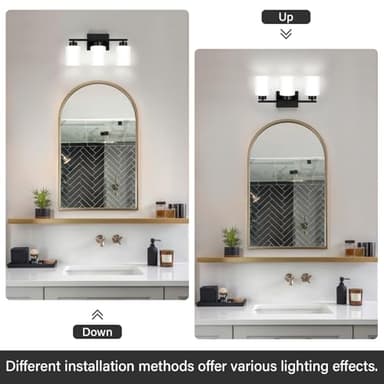 FonmYim Black Bathroom Light Fixtures, 3-Light Modern Vanity Light Over Mirror, Wall Sconces with Milky White Frosted Glass Shades, E26 Socket (Bulbs Not Included) - Image 4