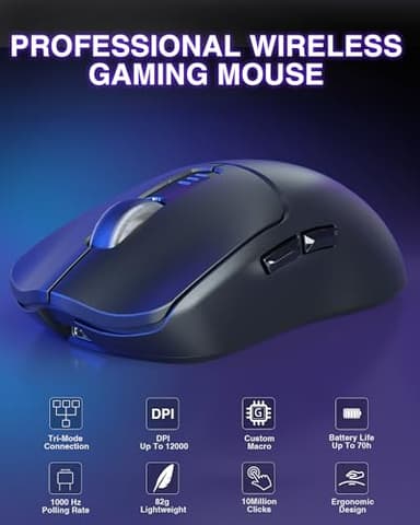 AULA SC580 Wireless Gaming Mouse, Tri-Mode 2.4G/BT5.0/USB-C Gaming Mouse, 12000 DPI Rechargeable Wireless Mouse with 6 Programmable Buttons, Ergonomic Computer Mouse for Laptop/PC/Mac/Tablet - Image 2