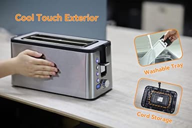 Mecity 4 Slice Toaster, Long Slot Toaster With Countdown Timer, Bagel/Defrost/Reheat/Cancel Functions,Warming Rack, Removable Tray, 6 Browning Settings, Extra Wide Slots, Stainless Steel, 1300W - Image 4
