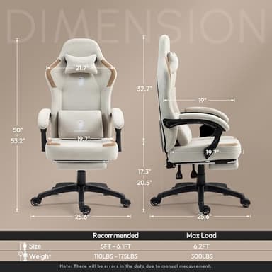 Dowinx Fabric Gaming Chair with Pocket Spring Cushion,Breathable Computer Chairs with Massage Lumbar Support and Footrest,High Back Game Office Chair for Adult,Beige - Image 3