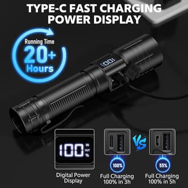 AdamStar Tactical High Lumens Flashlights, LED Rechargeable Flashlight Super Bright Flash Light with Power Display Waterproof Small Flashlights for Camping Emergencies, 6Modes Zoomable Pocket - Image 6