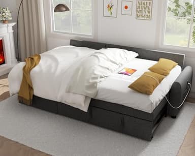 Ucloveria Sectional Sofa Couch, 87" Sleeper Sofa Bed with Reversible Storage Chaise Pull Out Couch for Living Room | Side Pocket | Charging Station | Removable Backrest | Linen Fabric, Dark Grey - Image 4
