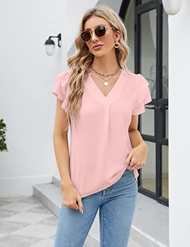 Blooming Jelly Womens Dressy Casual Shirts Short Sleeve V Neck Work Blouse Business Casual Summer Tops 2025(X-Large, Light Pink) - Image 2